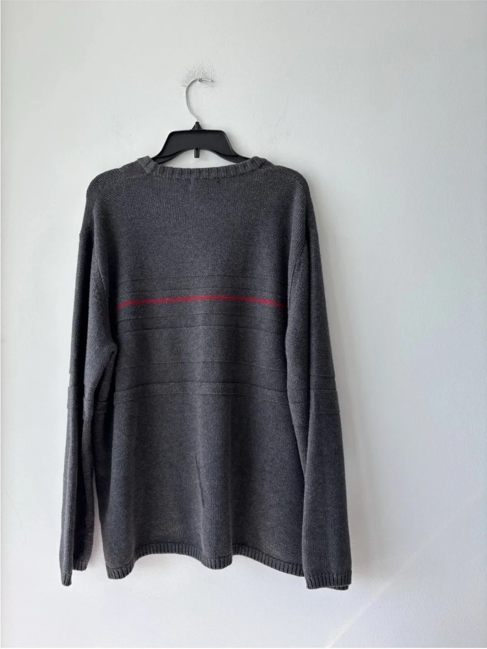 90s VTG DKNY Sweater Gray Red Stripe Pullover Long Sleeve Cotton Mens XL Preppy